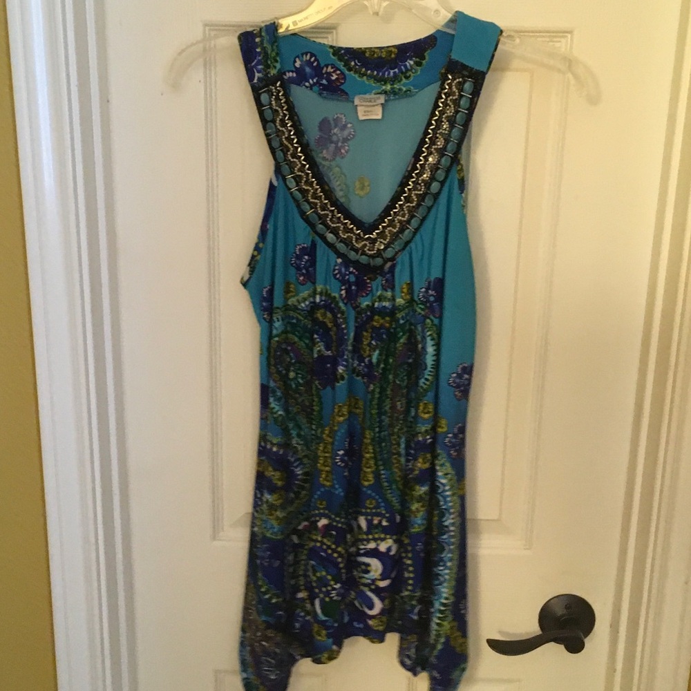Charming Charlie Turquoise Blue Paisley Beaded V-Neck Tunic